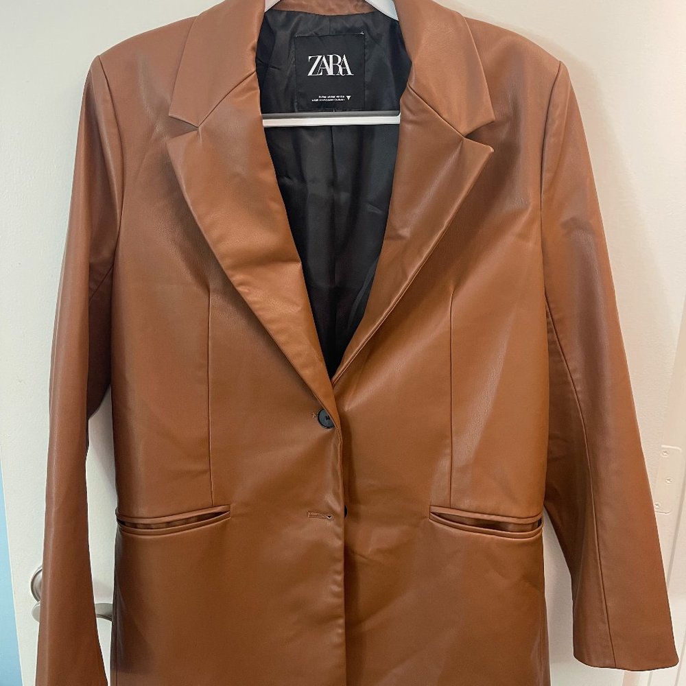 Zara Brown Vegan Leather Blazer Jacket